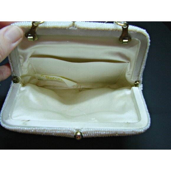 Vintage Seed Bead Mini Kiss Lock Bag Purse White Safco Evening Clutch Handbag 5" - Picture 6 of 13